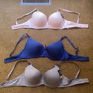 3 Bra Order, Size 36D, Colors purple, blue, and pink.